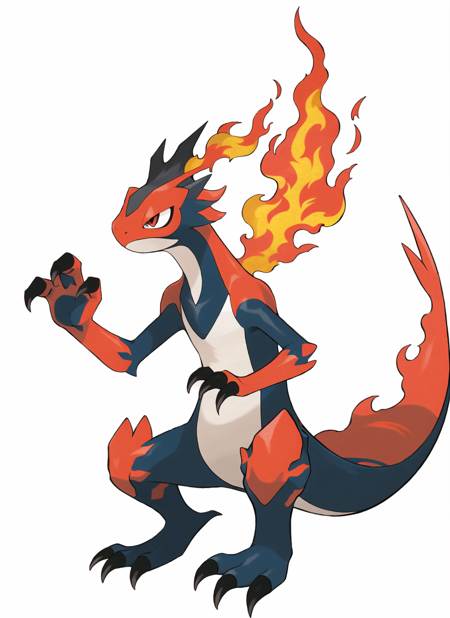 3978523947-3187489597-sugimori ken _(style_), fire pokemon, lizard, full body, no humans, claws, white background, red body,  ((masterpiece)).png